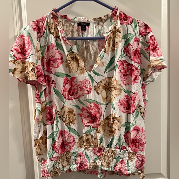 Ann Taylor Factory Tops - Ann Taylor Factory Floral Blouse - Pink, Green, Brown